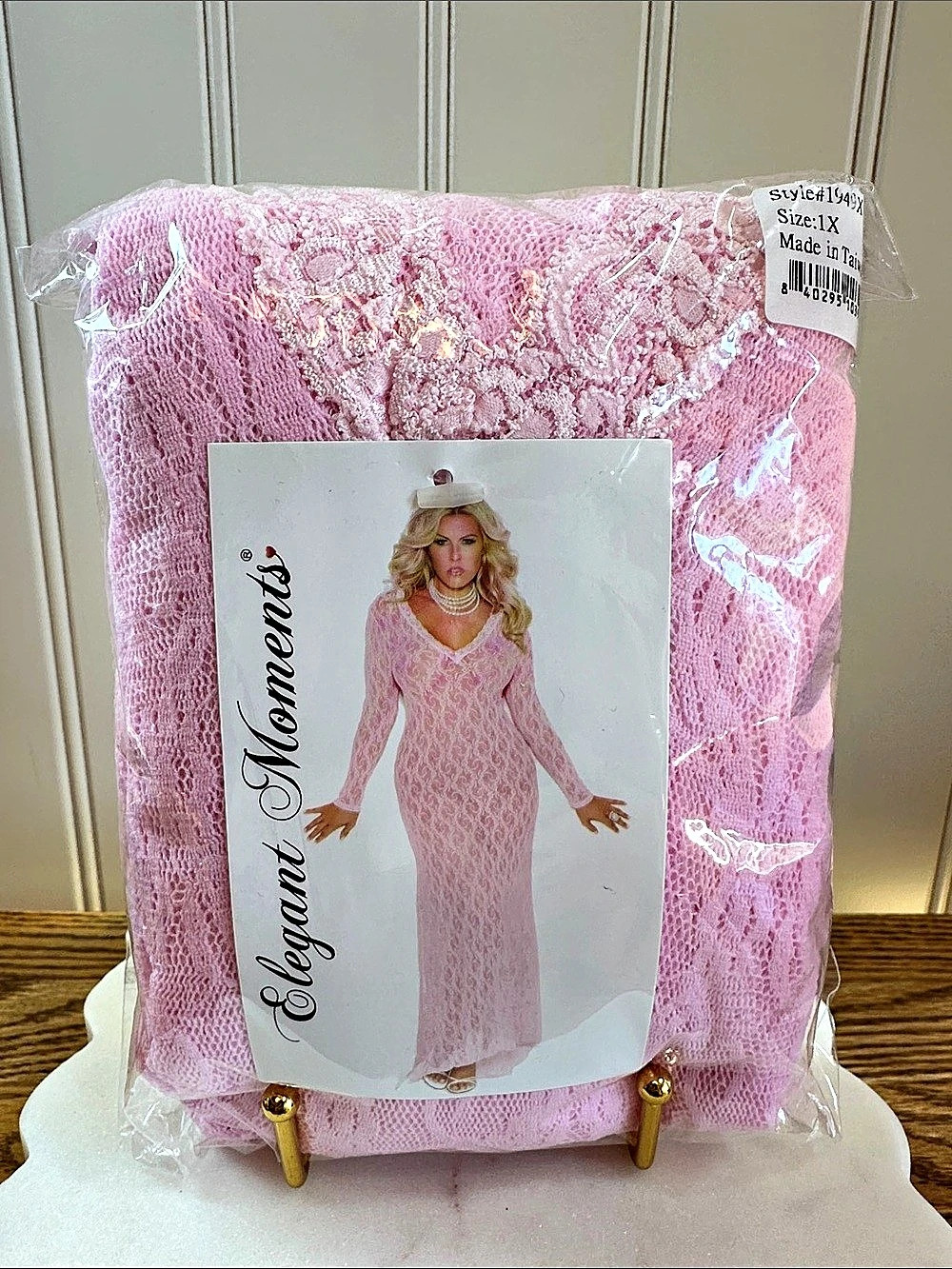 Elegant Moments Long Sleeve Lace Night Gown Pink 1XL
